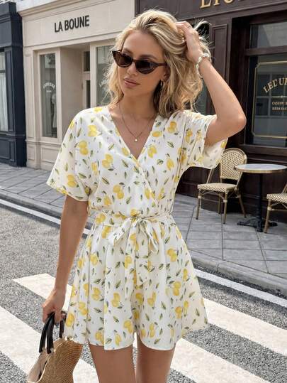 Pariaura Women's Summer Beach Vacation Style Full Print Lemon Pattern Surplice Neck Cinched Waist Dress