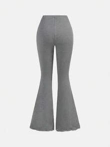 SHEIN Girlism Bộ 2 món cho bé gái tuổi teen: Áo quây nhún bèo dáng bất đối xứng và quần ống loe. - Xám - Xem 7