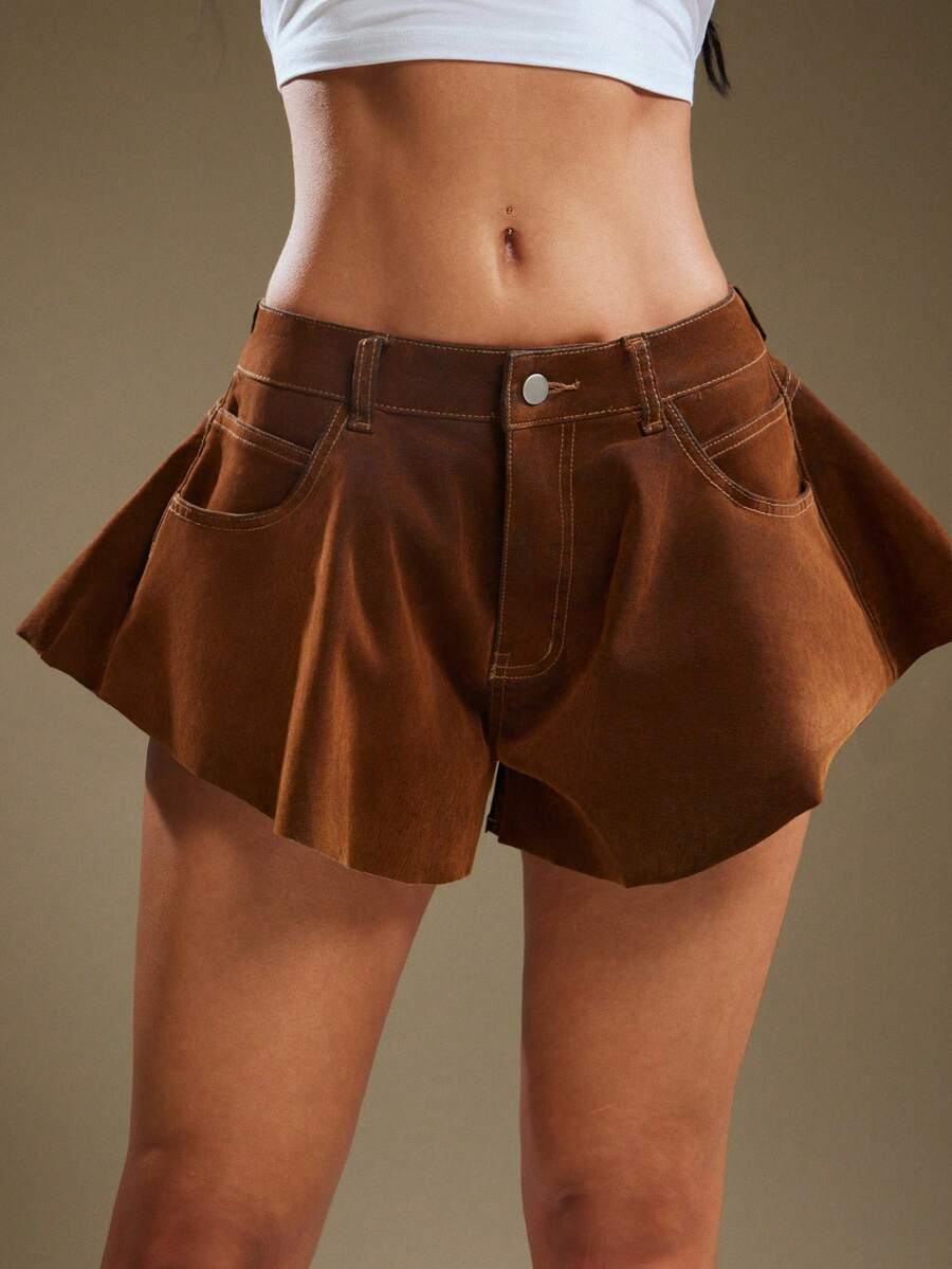 Denimoi Quần short denim nhung ống loe, quần short gợi cảm, trang phục biểu diễn, thời trang đường phố. - màu nâu - Xem 1