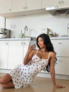 SHEIN 女士睡衣吊带撞色蕾丝蝴蝶结开衩睡裙 - 白色 - 查看 5