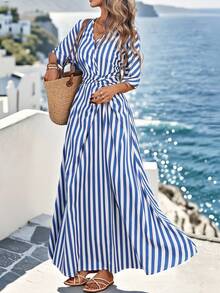 SHEIN Clasi Women's Short Sleeve Twist Casual Vacation Minimalist Daily Beach Blue & White Romantic Dress, Elegant & Fashionable New Style - Blue - View 4