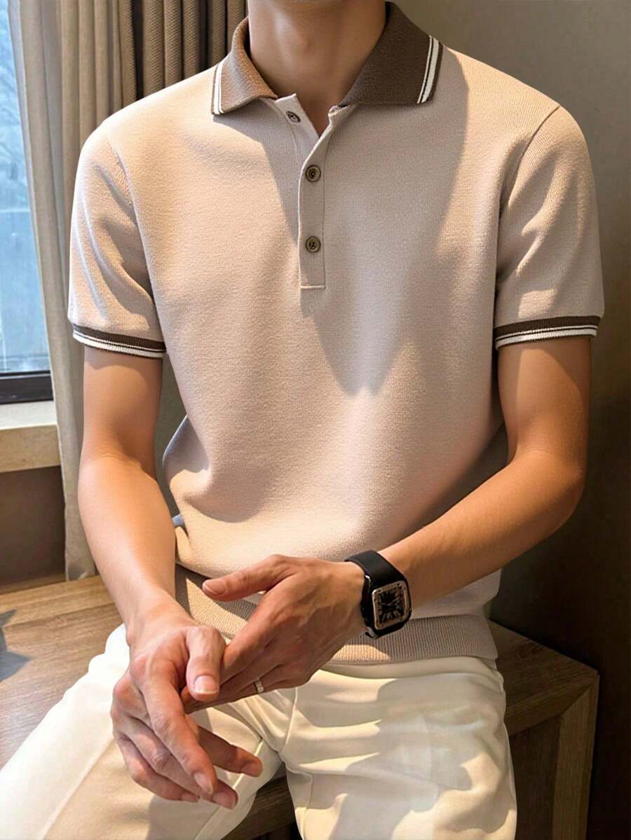 Manfinity Homme Áo polo nam cỡ lớn tay ngắn raglan phối màu tương phản, kiểu dáng rộng rãi, có khóa kéo nửa thân, chất liệu dệt kim, cài nút, dành cho nam giới, áo polo dệt kim tay ngắn, áo polo golf nam. - Màu be - Xem 1