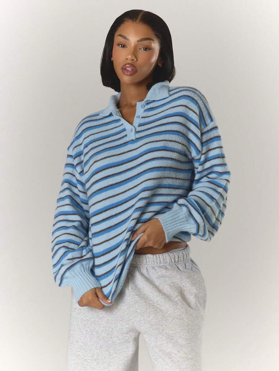 MUSERA Áo polo tay dài cổ bẻ cài nút, dáng rộng, kẻ sọc, phong cách mùa xuân, dễ thương, thường ngày, kiểu Y2K 90, áo len kẻ sọc dáng rộng, áo len oversized, áo len sân bay, áo len đi học, áo len mùa đông, áo len mặc hàng ngày, áo len dự tiệc tối, áo len thanh lịch mùa xuân. - Màu xanh lam - Xem 1