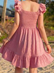 SHEIN Teen Girl Flutter Sleeve Square-Neck Shirred Dress Holiday Outfits - Dusty Pink - View 2