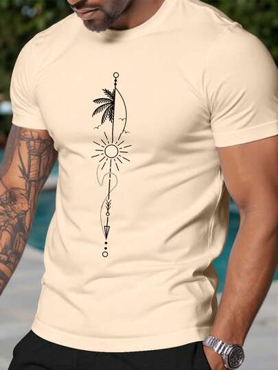 Manfinity Homme Men's Cream Beige Apricot Palm Tree Sun Arrow Geometric Line Art Print T-Shirt | Summer Vacation Holiday Tropical Beach Boho Minimalist Vertical Totem Graphic Tee | Y2K Vintage Streetwear Seagull Bird Wave Dot Crew Neck Short Sleeve Top | Urban Casual Resort Travel Slim Fit Daily Wear | Soft Breathable Premium Outdoor Outerwear,Men's Casual Sun Print Short Sleeve T-Shirt, Summer Beige Graphic Tee Men Men Summer Tshirts