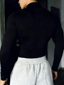 GymBeat Men's Minimalist Print Long Sleeve High Neck Sports T-Shirt - Black - View 2