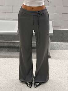 StreetHx Pantalones rectos con cordones para mujer "Old Money", primavera/verano - Gris Oscuro - Ver 1