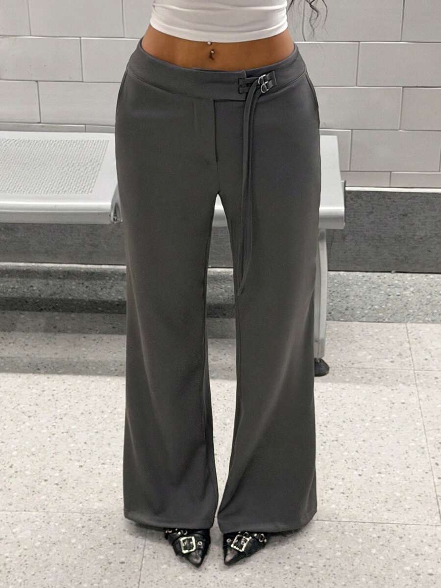 StreetHx Pantalones rectos con cordones para mujer "Old Money", primavera/verano - Gris Oscuro - Ver 1