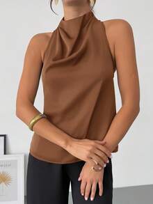 Firerie 春夏新款优雅休闲通勤复古现代不对称领无袖挂脖露背蝴蝶结装饰修身黑色通勤衬衫 - 咖啡棕 - 查看 6