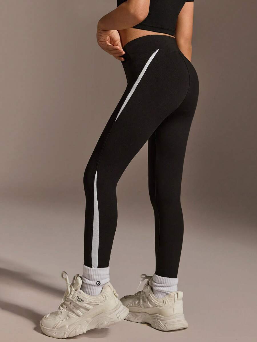 SHEIN Young Girls'Yoga Skinny Pants With White Sequence For Summer Gym,Black High Elasticity Freely Stretch Fashionable Versatile Running,Cycling,Hiking - Black - View 1