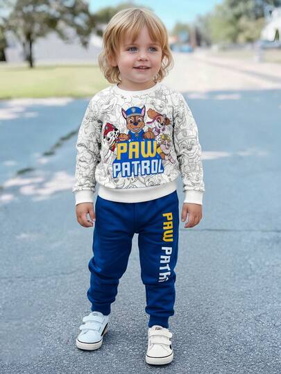 SHEIN | PAW Patrol 2pcs/Set Young Boy Cartoon Puppy Print Crew Neck Long Sleeve Sweatshirt And Letter Graphic Sweatpants, Sporty Casual Outdoor Outfit