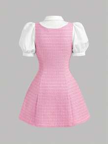 SHEIN Girlism 优雅格子拼接短袖连衣裙，适合少女穿着，优雅大方，适合返校、生日派对、晚宴、演出、婚礼、洗礼、开幕式、学校活动、旅行、万圣节、毕业舞会、音乐会等场合。 - 粉色 - 查看 2