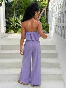 少女紫色纹理雪纺吊带上衣和阔腿裤套装，春夏休闲度假装 - 紫色 - 查看 2