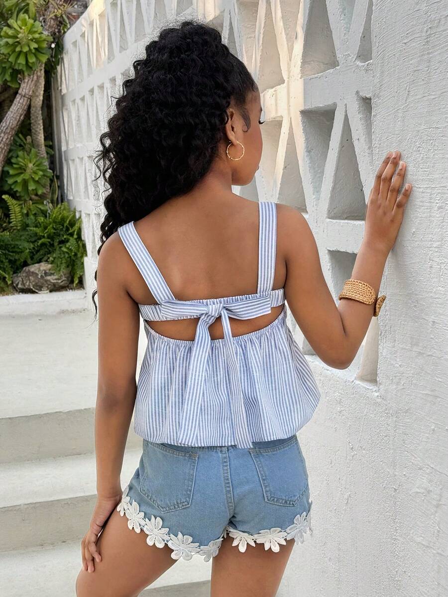 少女蓝白条纹露背蝴蝶结衬衫，夏季可爱休闲上衣 - 藍白色 - 查看 1