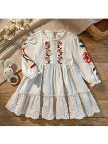 Loomiva Baby Girl Floral Print Round Neck Ruffle Hem Cinched Waist Dress - Multicolor - View 2