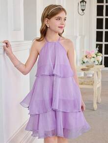 SHEIN Tween Girls' Elegant Woven Halter Neck Dress - Multicolor - View 5