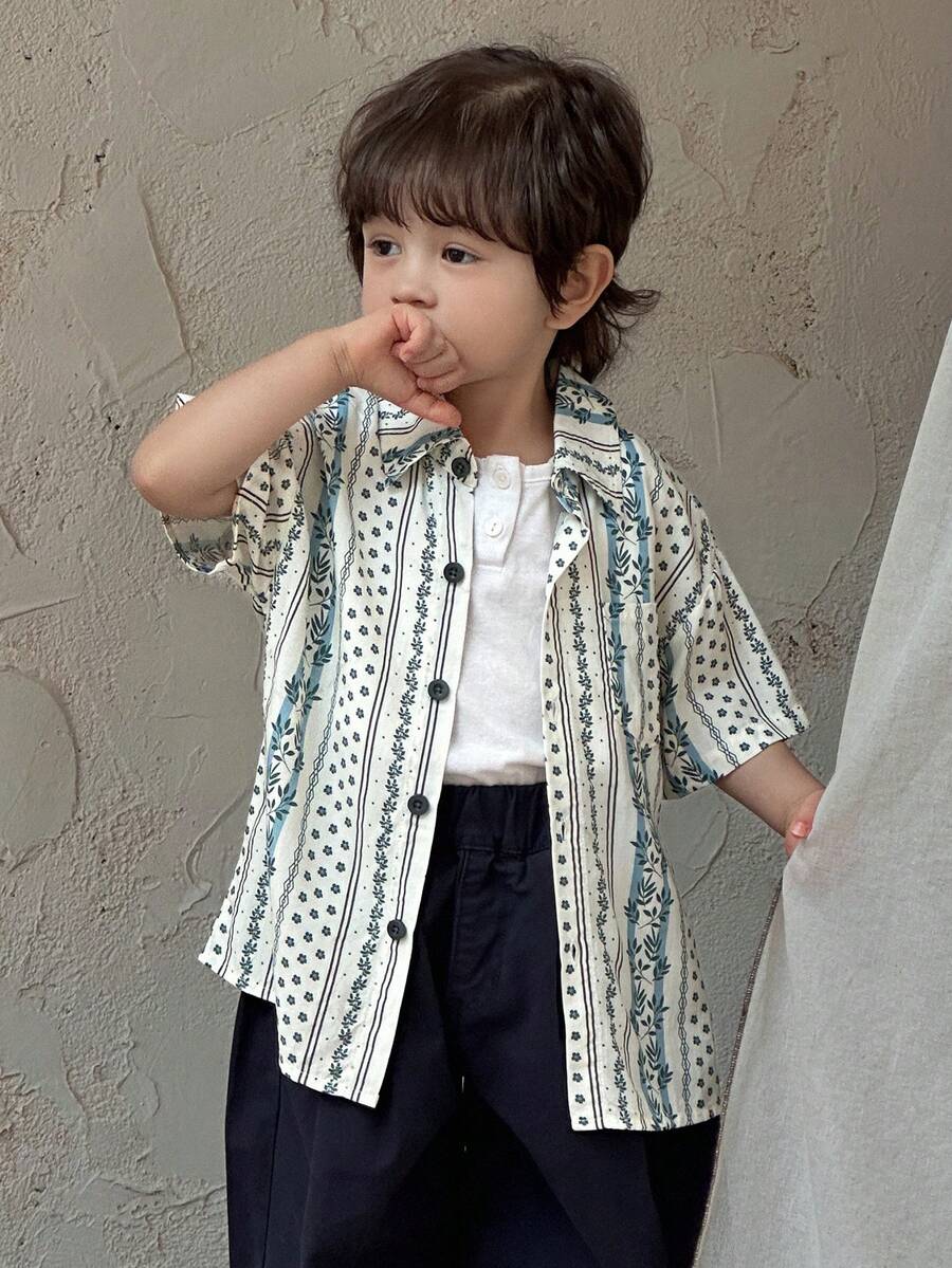 Dazy Kids 男童休闲度假风花卉条纹宽松衬衫，夏季 - 綠色 - 查看 1