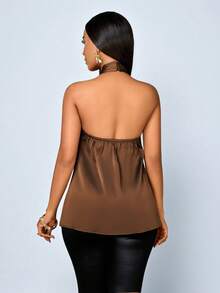 SOLERSUN Women's Sexy And Elegant Halter Top, Glossy Satin Satin Fabric, Brown Irregular Hem, Perfect For Spring/Summer Parties. - Coffee Brown - View 3