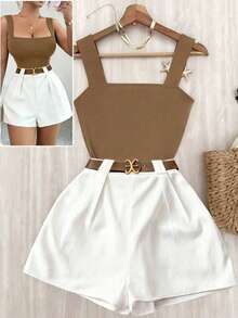 GlowEve 2026 New Spring/Summer French Chic Fashion Design Brown Camisole Square Neck Fitted Slim Tank Top + Elastic Waist White Wide Leg Shorts 2 Piece Casual Vacation Outfit For Women - Multicolor - View 1