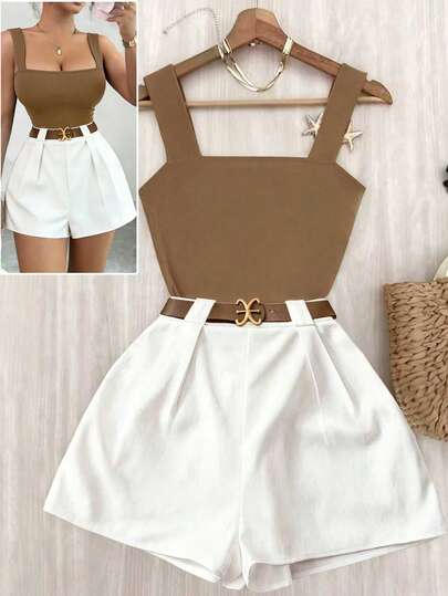 GlowEve 2026 New Spring/Summer French Chic Fashion Design Brown Camisole Square Neck Fitted Slim Tank Top + Elastic Waist White Wide Leg Shorts 2 Piece Casual Vacation Outfit For Women