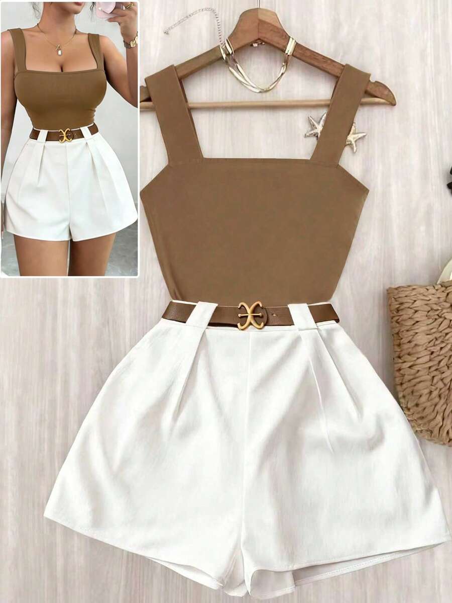 GlowEve 2026 New Spring/Summer French Chic Fashion Design Brown Camisole Square Neck Fitted Slim Tank Top + Elastic Waist White Wide Leg Shorts 2 Piece Casual Vacation Outfit For Women - Multicolor - View 1