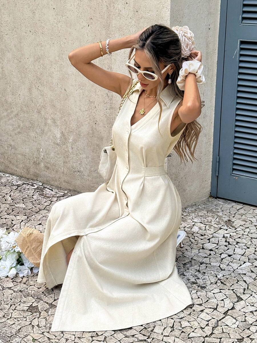 SHEIN Frenchy Vestido midi sin mangas de unicolor con nudo delantero, adecuado para vacaciones de verano - Albaricoque - Ver 1