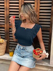 SHEIN Frenchy Women's Casual Solid Color Patchwork Lace Ruffle Hem Cropped Shirt, Summer,Summer Top - Blue - View 4