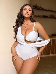 Swim Chiccia 2026 New Elegant Brown Metal Buckle Decor 3 PiecesPlus Size One-Piece Swimsuit, Can Be Worn Separately With Outfits, Suitable For Party & Vacation - White - View 3