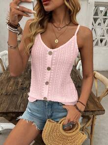 Balvessa 女士时尚镂空提花纹理无袖上衣，波西米亚风纽扣吊带背心针织背心粉色上衣女士毛衣背心针织上衣女士吊带背心 - 粉色 - 查看 6
