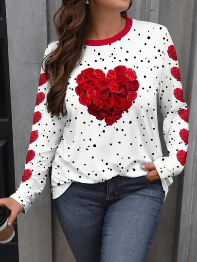 EMERY ROSE Plus Size Women Rose Heart Graphic Print Crew Neck Long Sleeve T-Shirt, Ladies Top Women Long Sleeve Tops