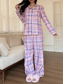 Dream Adore Set pijama cu cardigan și pantaloni, cu rever și garnitură contrastantă în carouri - Multicolor - Vizualizare 3