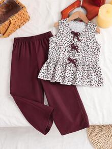 SHEIN Setelan Camisole dan Celana Panjang Lebar Motif Bunga Kecil Musim Panas untuk Anak Perempuan, Pakaian Seragam Keluarga yang Manis & Imut untuk Keperluan Sehari-hari di Luar Ruangan - MultiWarna - View 3