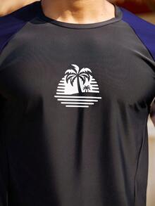 Manfinity Swimmode 2pcs Men's Tropical Print Contrast Color Raglan Sleeve Top And Drawstring Waist Shorts Swimsuit Set - Multicolor - View 5