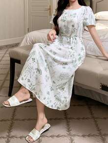 DAZY Women's Mid-Length Floral Print Nightgown, Spring/Summer - White - View 6