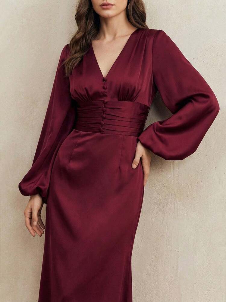 Women's Red Long Sleeve Lantern Sleeve Waist Cinched V-Neck Maxi Elegant Dress, Suitable For Christmas And New Year