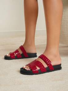 SHUZIA 圆头双带平底拖鞋凉鞋度假风夏季鞋春季鞋春假复活节度假鞋休闲鞋沙滩鞋 - 紅色 - 查看 5