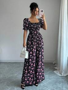 Rafferiza 女士优雅度假束腰印花连体裤 - 玫紅色 - 查看 3