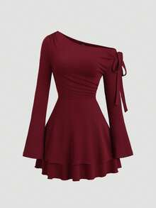 Sweetra New Elegant Commuter Oblique Shoulder Pleated Tie Waist Slimming Versatile Double-Layer Hem Women's Wine Red Long Sleeve Dress, Spring/Summer, Suitable For Dates, Parties, And Daily Outings - Red - View 3
