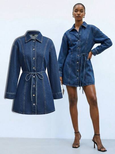Maija Women's Blue Long-Sleeved Shirt Dress, Loose Fit, With Belt,Classic Denim Dress