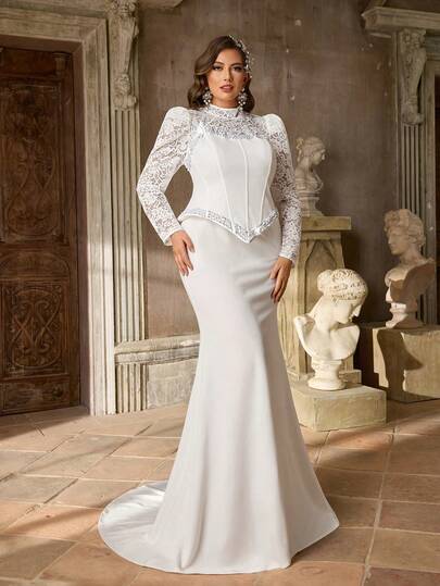 Aureia Plus Size Elegant Luxurious Romantic White Lace Patchwork Elastic Material Asymmetric Collar Beaded Crafted Gigot Sleeve Fitted Mermaid Hem Backless Tie Bridal Wedding Dress