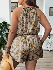 EMERY ROSE Mono de mujer talla grande con estampado floral y lazo en la cintura - Caqui - Ver 3
