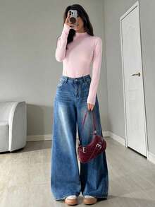 SHEIN EZwear 女士浅粉色立领长袖休闲紧身上衣，春夏款 - 淺粉色 - 查看 3