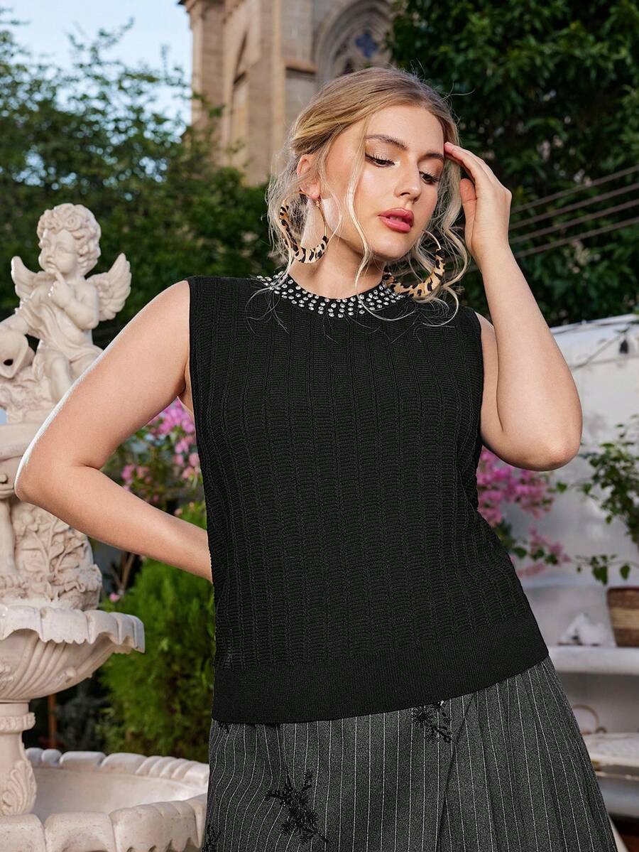 VOLUPTÉ CURVE Plus Size Fashionable Black Sleeveless Knit Vest, High-Quality Elegant Waistcoat For Women - Black - View 1