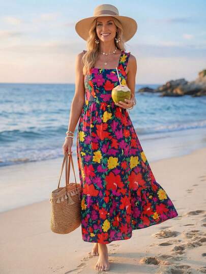 Sylviya Women's Casual Floral Print Sleeveless Vacation Dress Summer Dress Long Summer Dress For Women Ummer Holiday Outfits Spring Outfit Women Beach Dress Beach Outfits For Women Vacation Outfits Women Holiday Outfits For Women Vacation Dress Casual Dresses For Women Casual Long Dress Floral Dress Red Dress Beach Outfits For Woman,Vacation