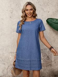 EMERY ROSE 女士时尚夏季短袖牛仔连衣裙 - 藍色 - 查看 6