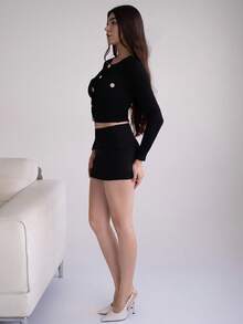 Andrea Bello 黑色优雅圆领金属纽扣喇叭袖 T 恤，秋季 T 恤，分层 T 恤，长袖 T 恤，性感黑色上衣，女士服装 - 黑色 - 查看 6