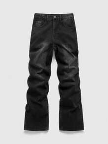 ROMWE MEN Street Life 男士休闲日常百搭牛仔裤，带腰带环 - 黑色 - 查看 3