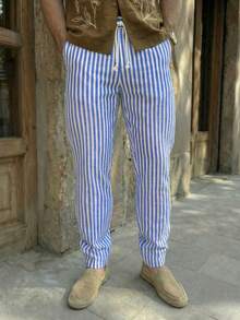 HIMLAND 男士休闲梭织竖条纹中腰抽绳锥形裤，秋季，Old Money