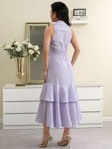 Modelyn Đầm nữ kẻ sọc, cài cúc phía trước, dáng suông, không tay, dài đến đầu gối. - Màu tím hoa cà - Xem 2