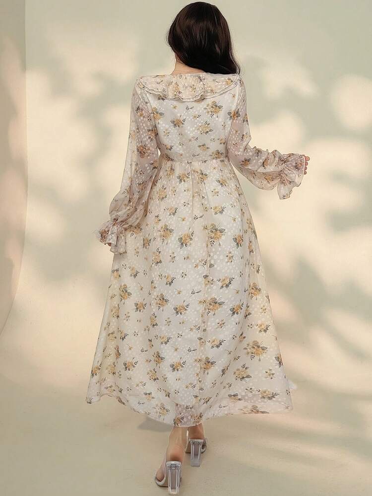 Ruffled Ditsy Floral Waist Cinched Mid-Length Dress For Women Spring Sundress